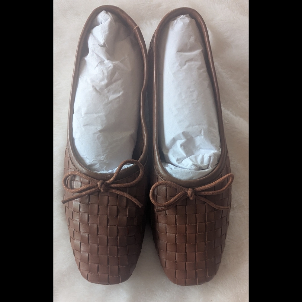 Quince Handwoven Italian Leather Square Toe Ballet Flat Cognac 7